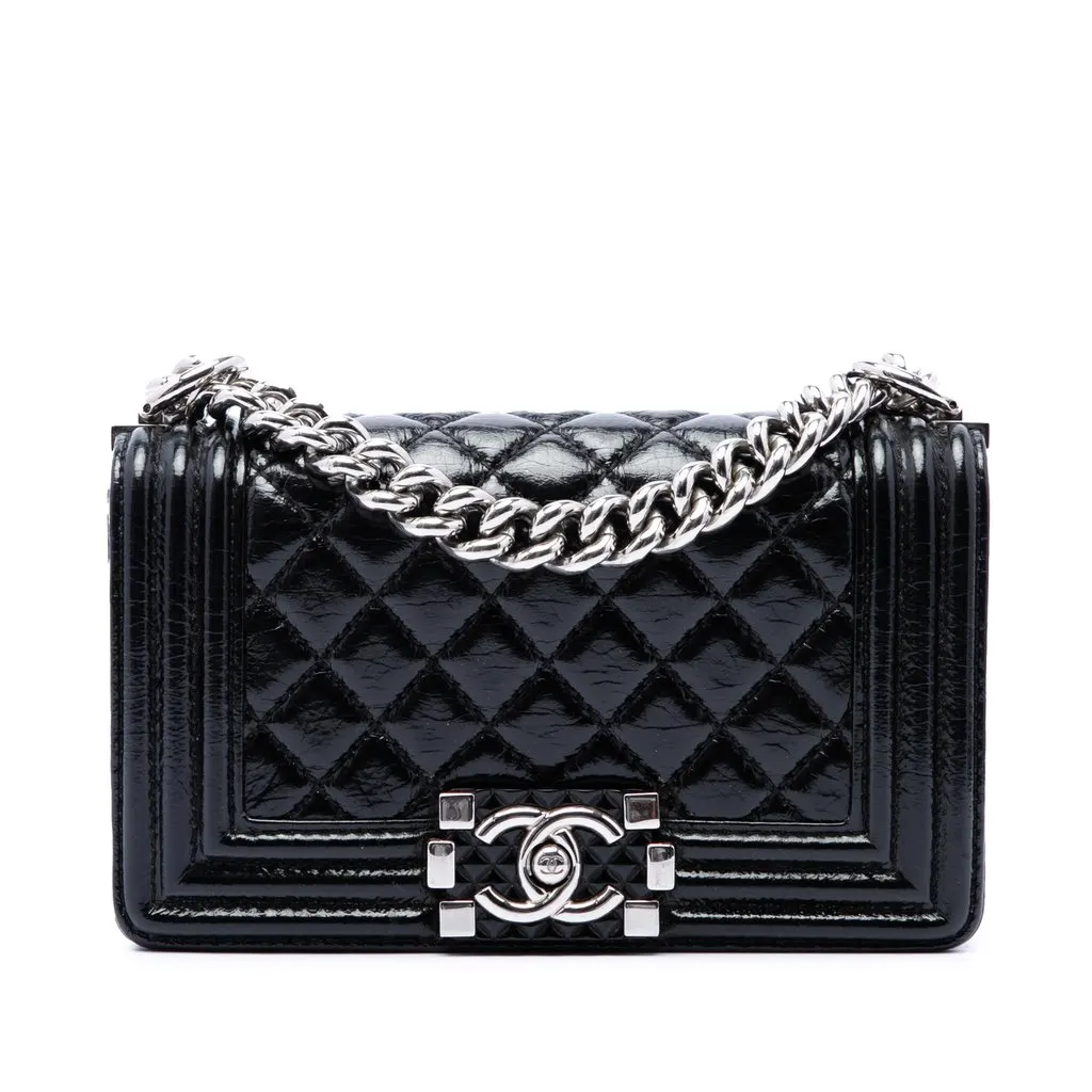 Chanel Small Quilted Crinkled Patent Boy Flap Black Leather Very good - Front View