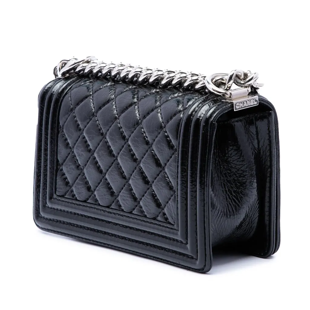 Chanel Small Quilted Crinkled Patent Boy Flap Black Leather Very good - Back View