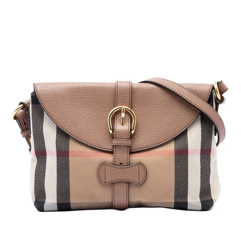 Burberry Small House Check Canvas and Leather Horseshoe Milton Crossbody Brown Good - Front View