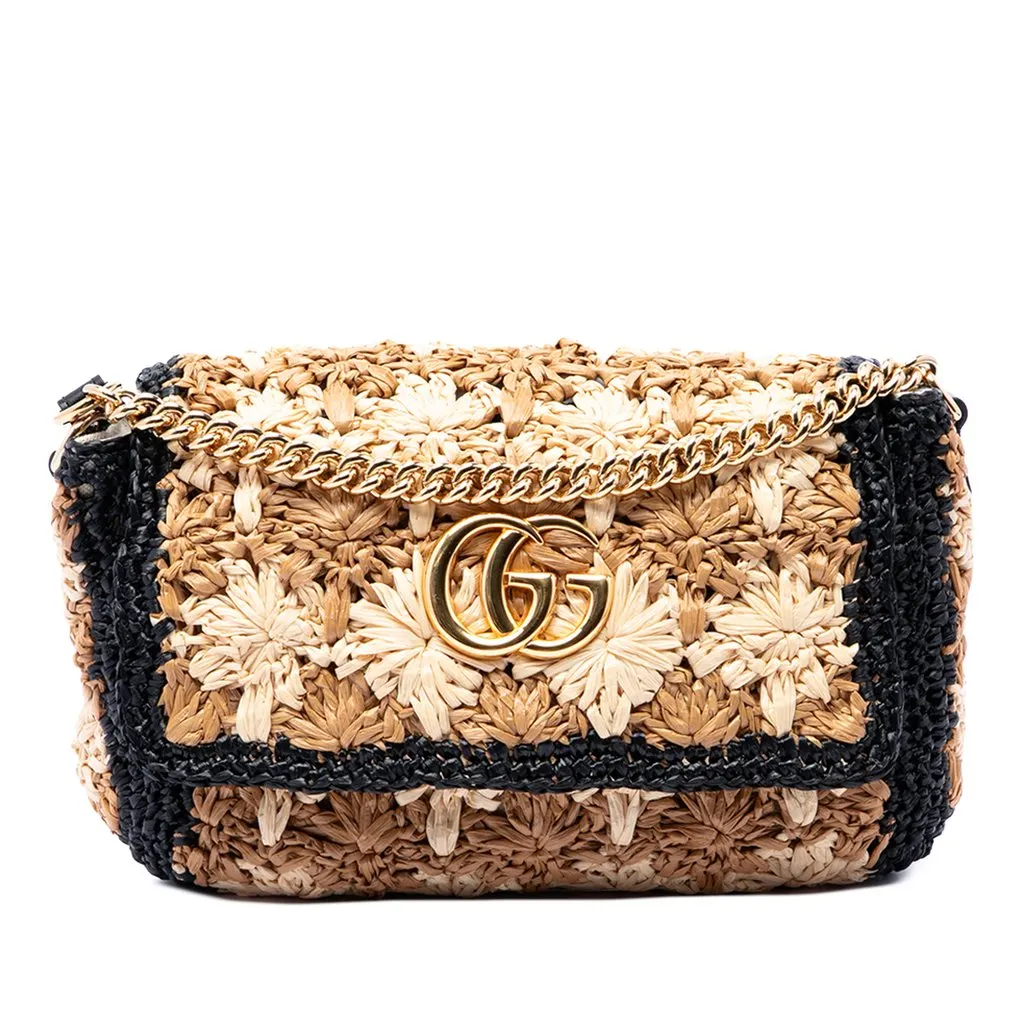 Gucci Small GG Marmont Raffia Crossbody Beige Very good - Front View
