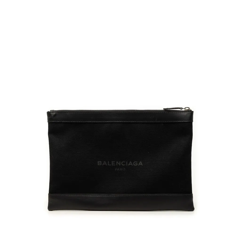 Balenciaga Canvas Navy Clip Clutch M Black Canvas Good - Front View