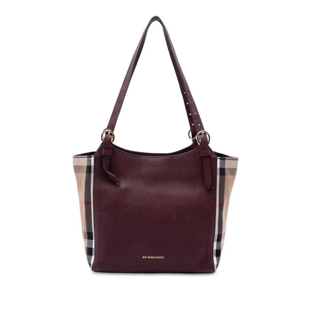 Burberry Small Derby Calfskin and House Check Canvas Canterbury Tote Red Leather Good - Front View