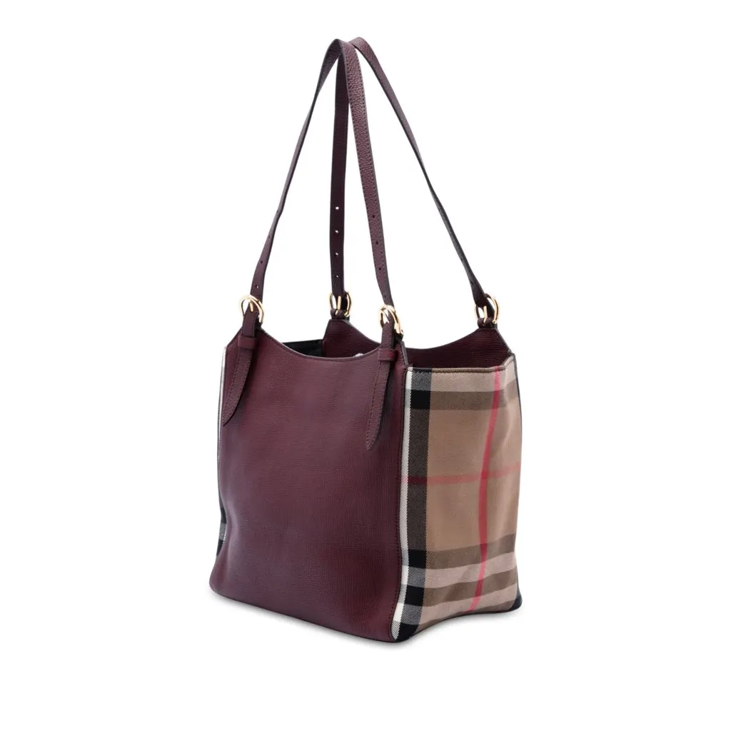Burberry Small Derby Calfskin and House Check Canvas Canterbury Tote Red Leather Good - Back View