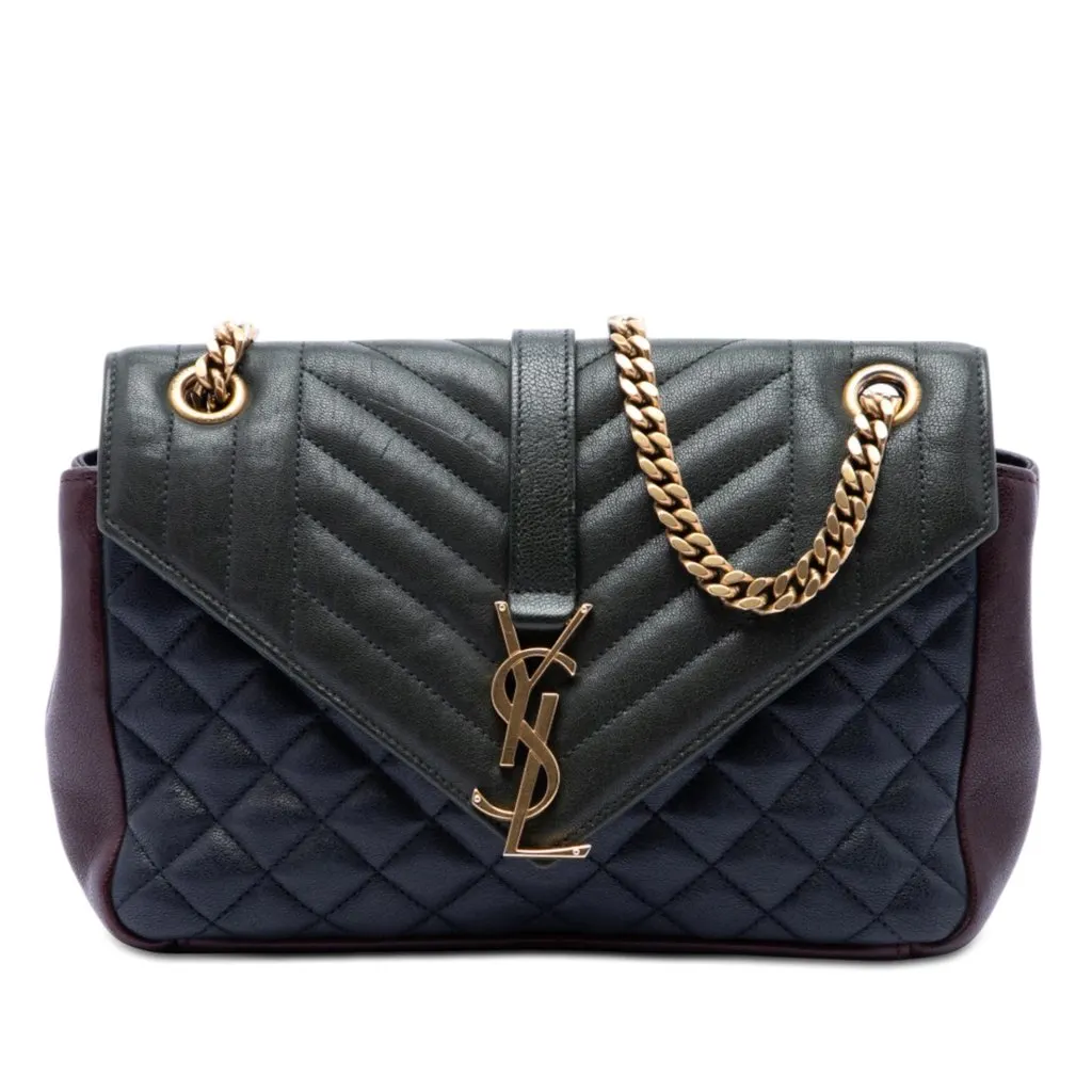 Saint Laurent Medium Triquilt Tricolor Sheepskin Monogram College Bag Green Leather Very good - Front View