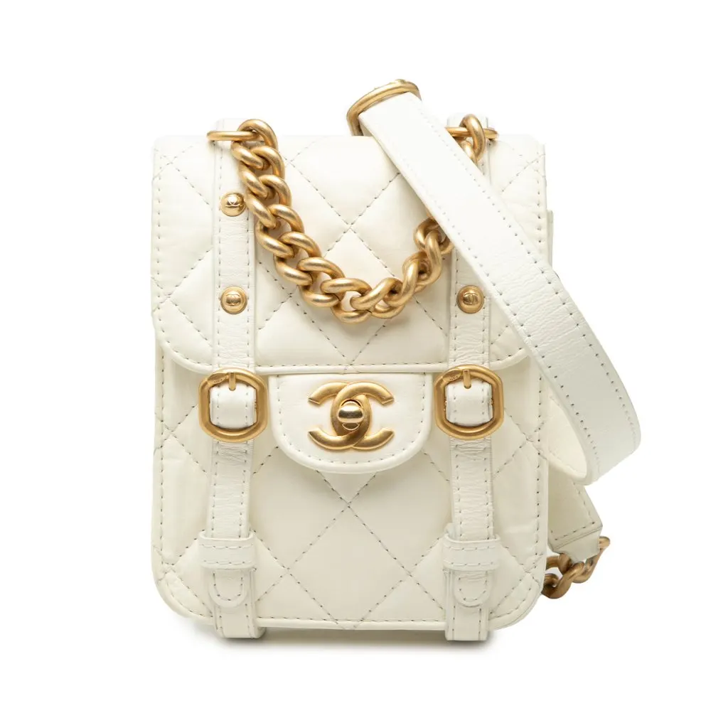 Chanel Mini Aged Calfskin City School Flap White Leather Very good - Front View