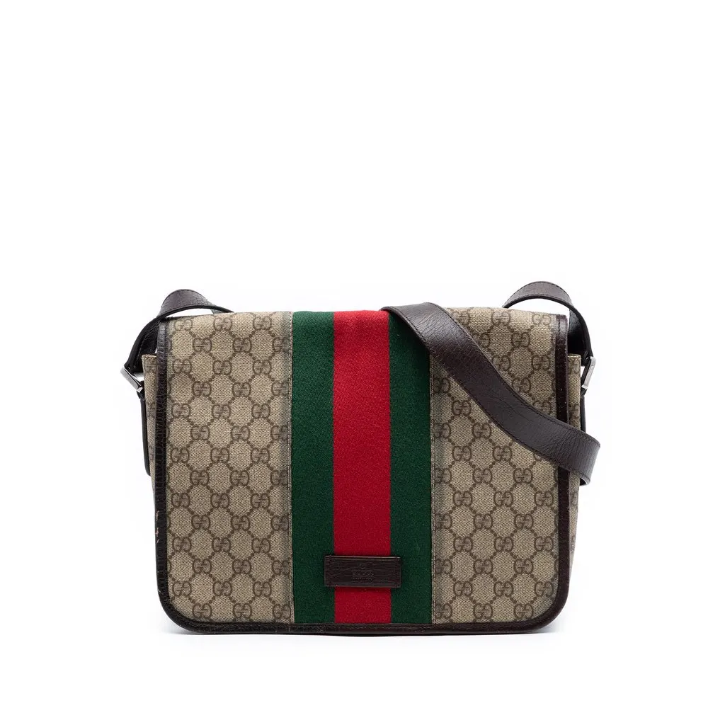 Gucci Medium GG Supreme Web Flap Messenger Bag Beige Very good - Front View