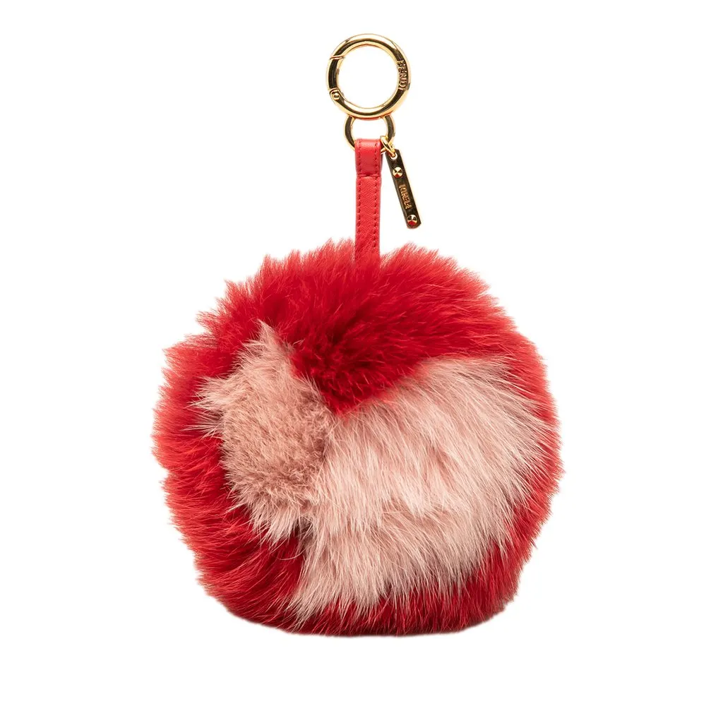 Fendi Nappa Shiny Fox Fur Heart Pom Pom Bag Charm Red Fur Good - Front View