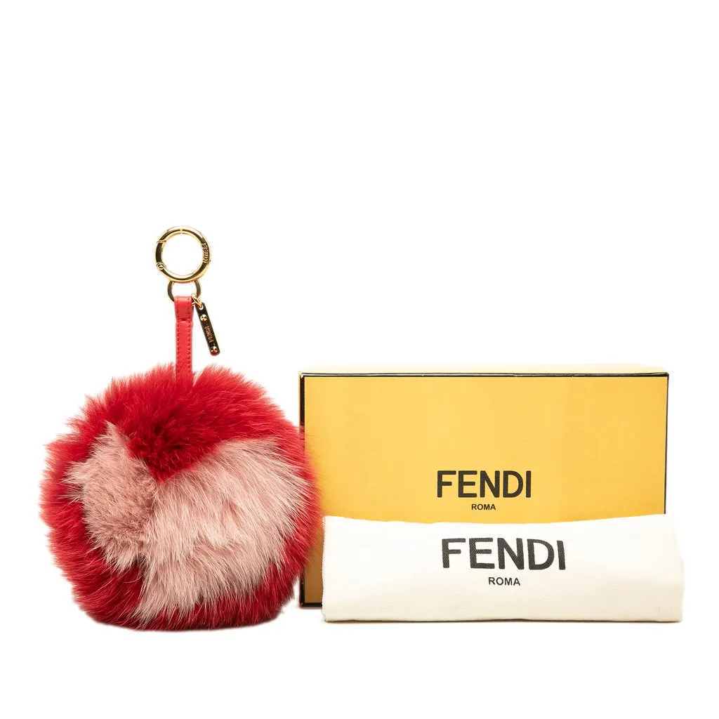 Fendi Nappa Shiny Fox Fur Heart Pom Pom Bag Charm Red Fur Good - Box View