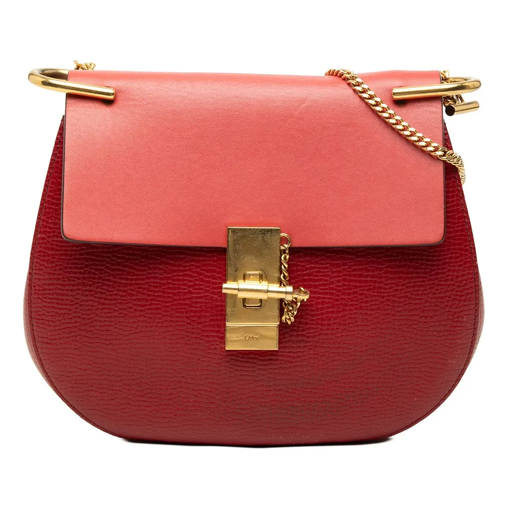 Chloé Small Bicolor Smooth and Grained Calfskin Drew Crossbody Red Leather Very good - Front View
