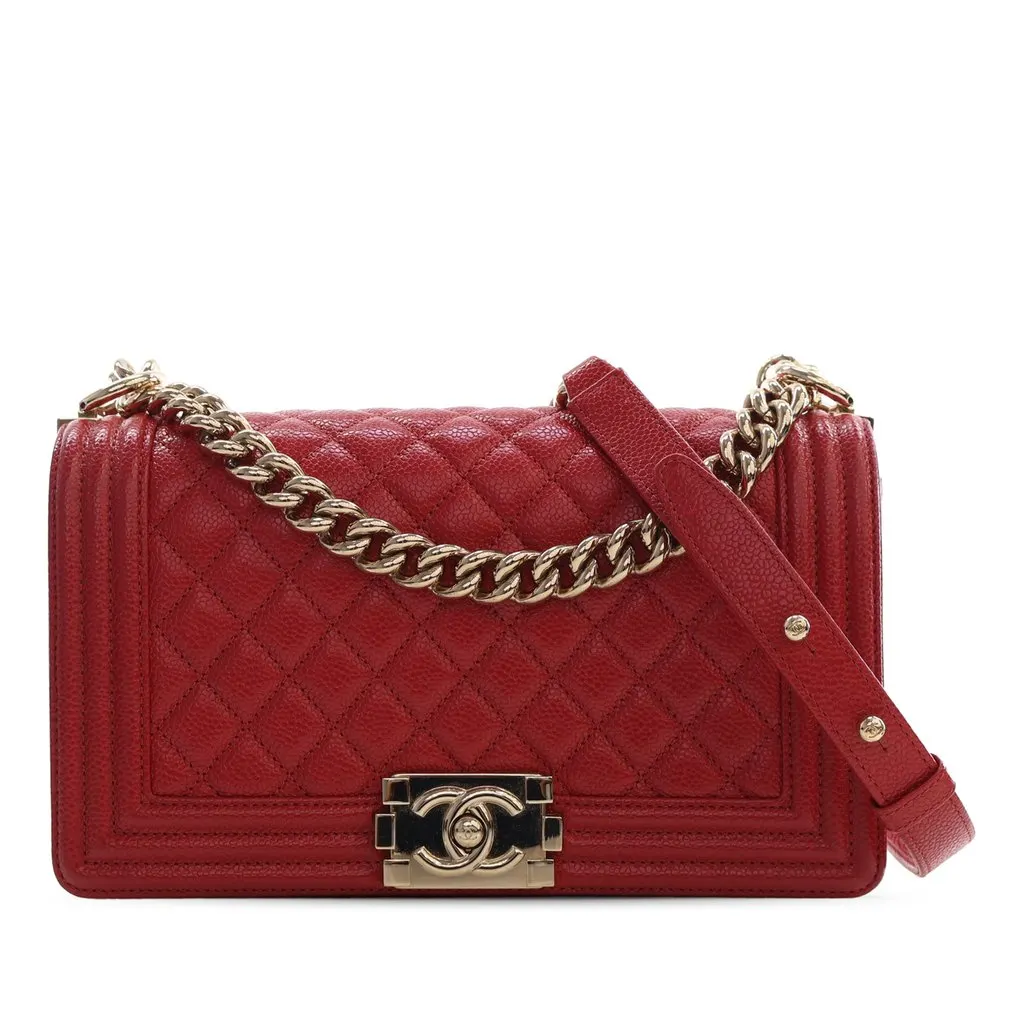 Chanel Old Medium Quilted Caviar Boy Flap Red Leather Very good - Front View