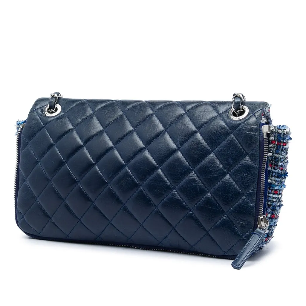 Chanel CC Wrinkled Lambskin and Tweed Shoulder Bag Blue Leather Very good - Back View