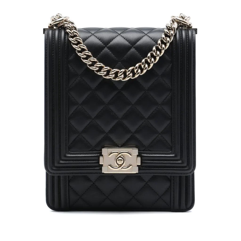 Chanel Quilted Lambskin North South Boy Flap Black Leather Very good - Front View