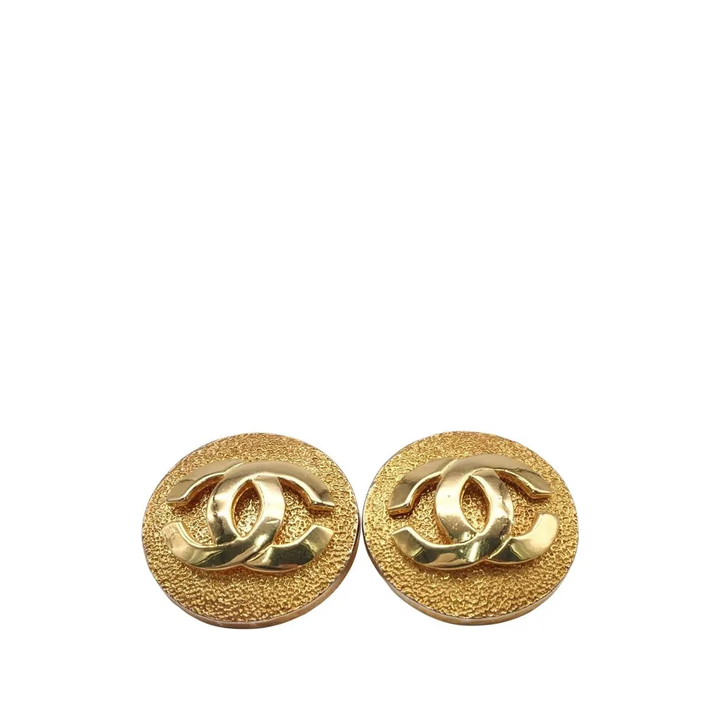 Chanel CC Gold Plated Round Push Back Earrings Gold Metal Very good - Front View