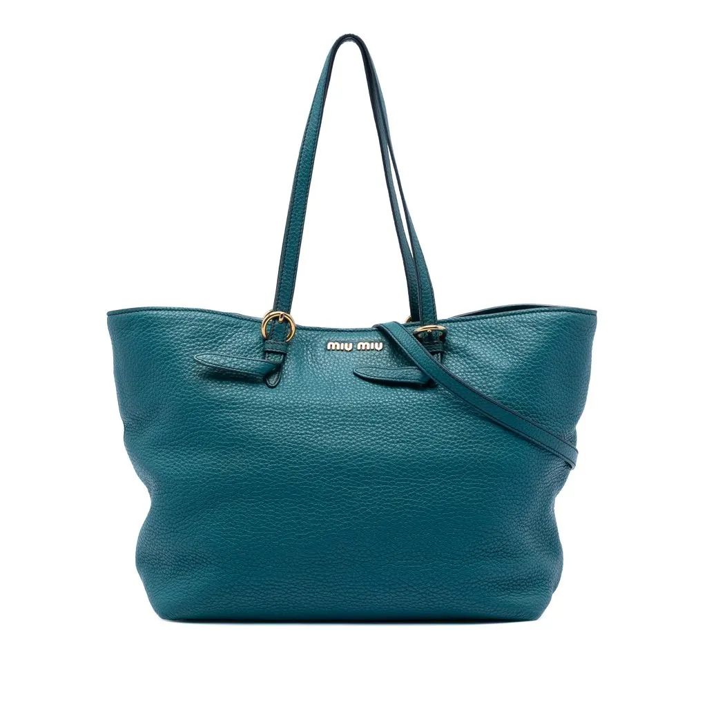 Miu Miu Large Vitello Daino Convertible Shopper Tote Blue Leather Very good - Front View