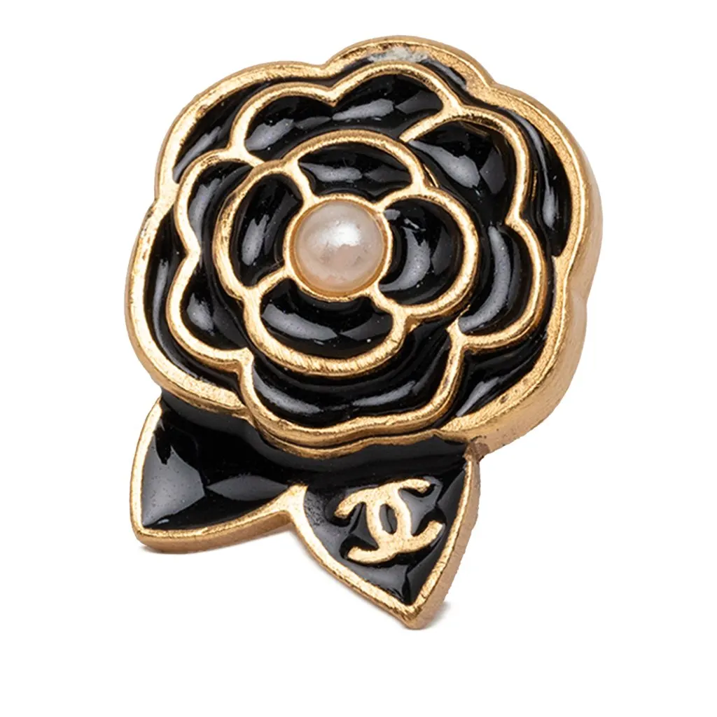 Chanel CC Gold Plated Enamel Faux Pearl Camellia Pin Brooch Gold Metal Very good - Front View