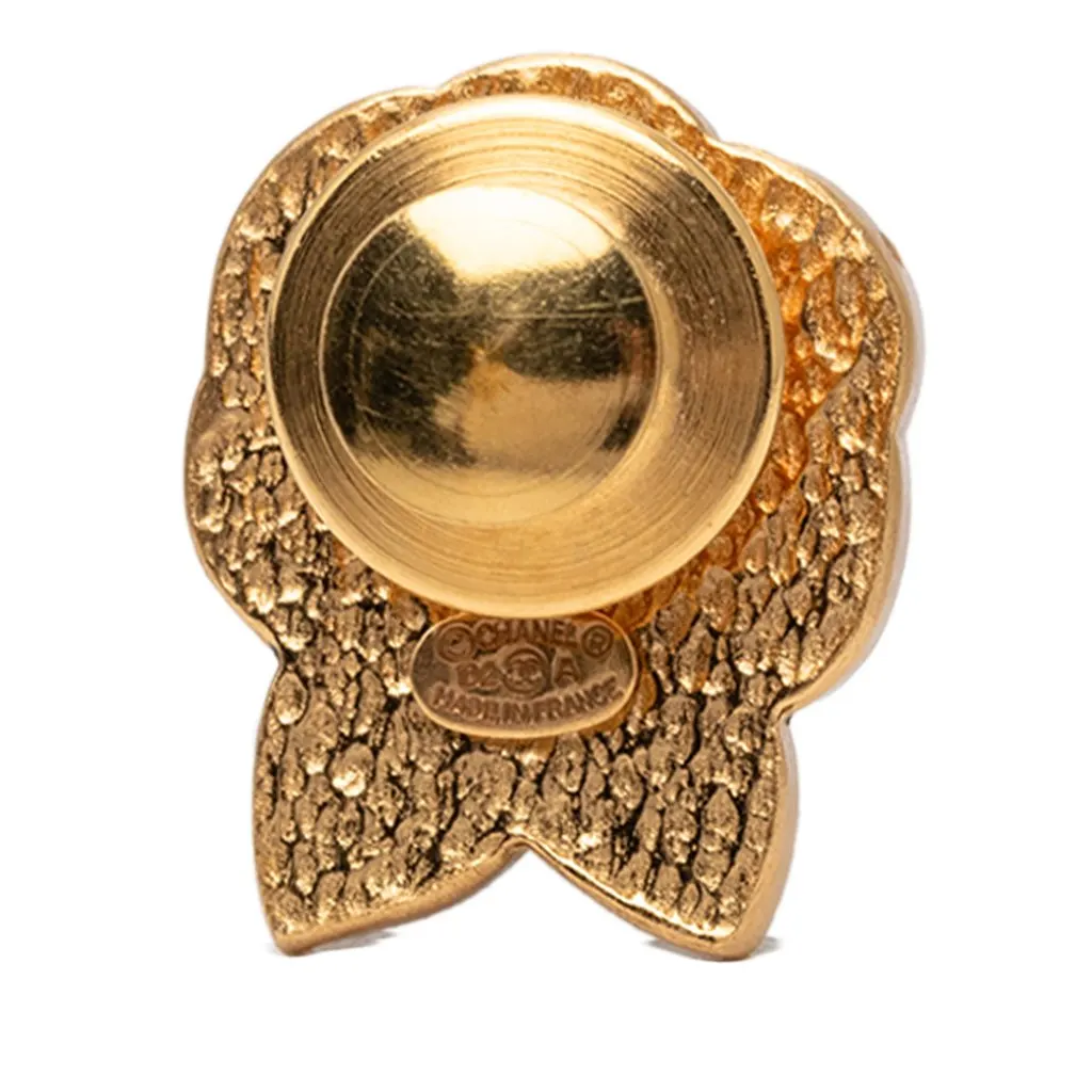 Chanel CC Gold Plated Enamel Faux Pearl Camellia Pin Brooch Gold Metal Very good - Back View