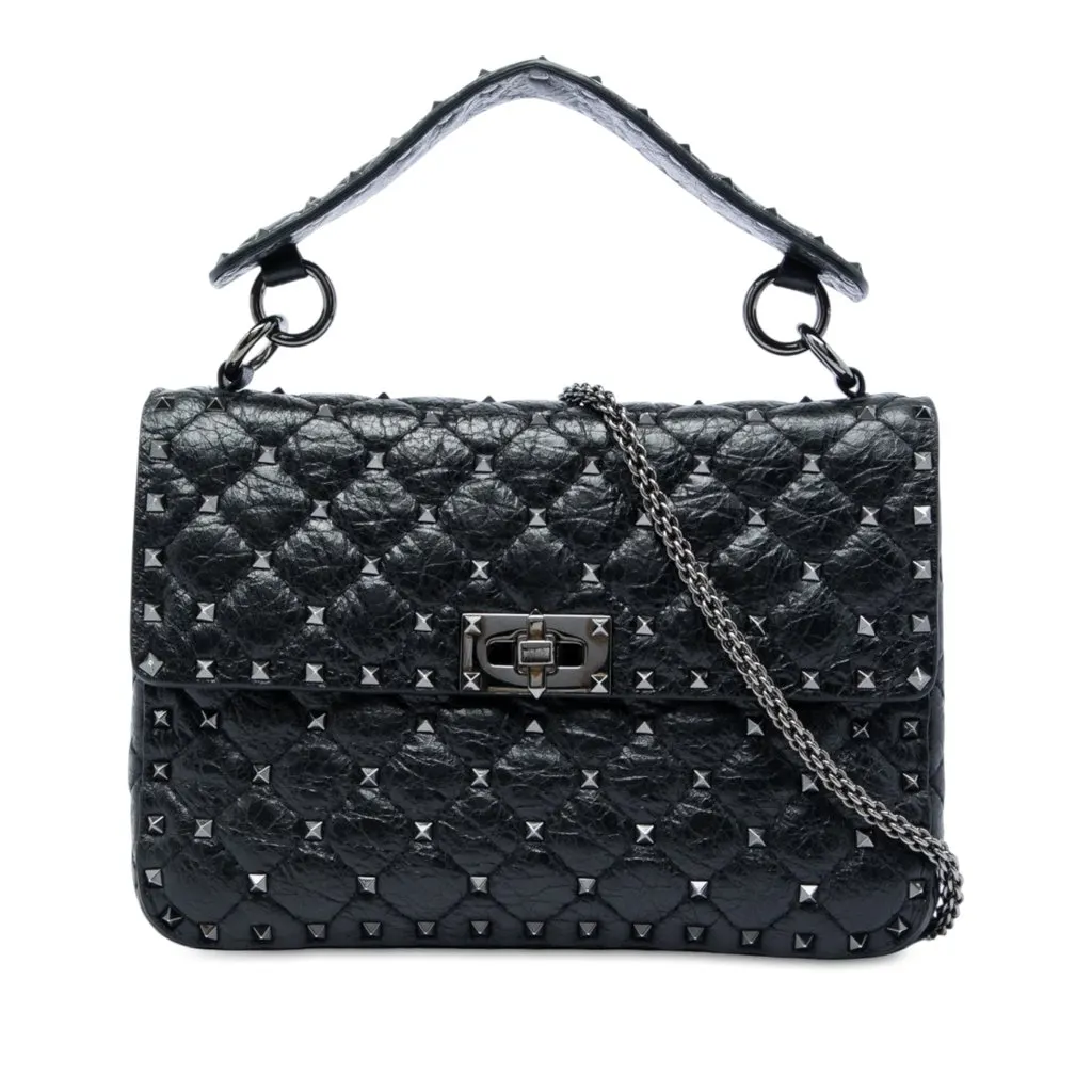 Valentino Medium Crinkled Nappa Rockstud Spike Satchel Black Leather Very good - Front View