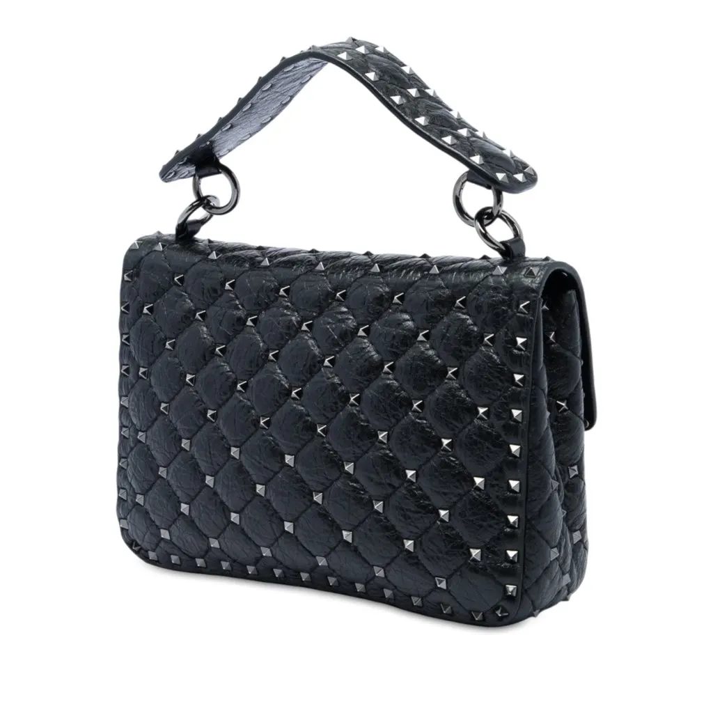 Valentino Medium Crinkled Nappa Rockstud Spike Satchel Black Leather Very good - Back View