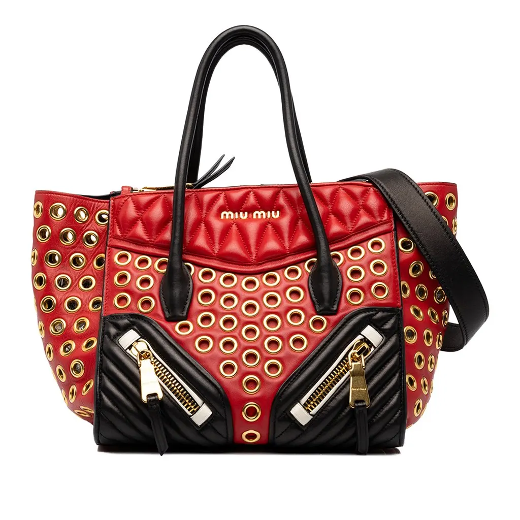 Miu Miu Small Tricolor Nappa Grommet Biker Satchel Red Leather Good - Front View