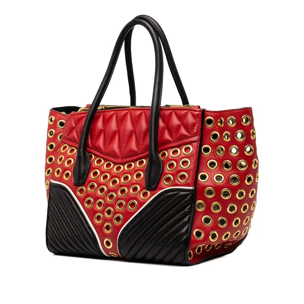 Miu Miu Small Tricolor Nappa Grommet Biker Satchel Red Leather Good - Back View