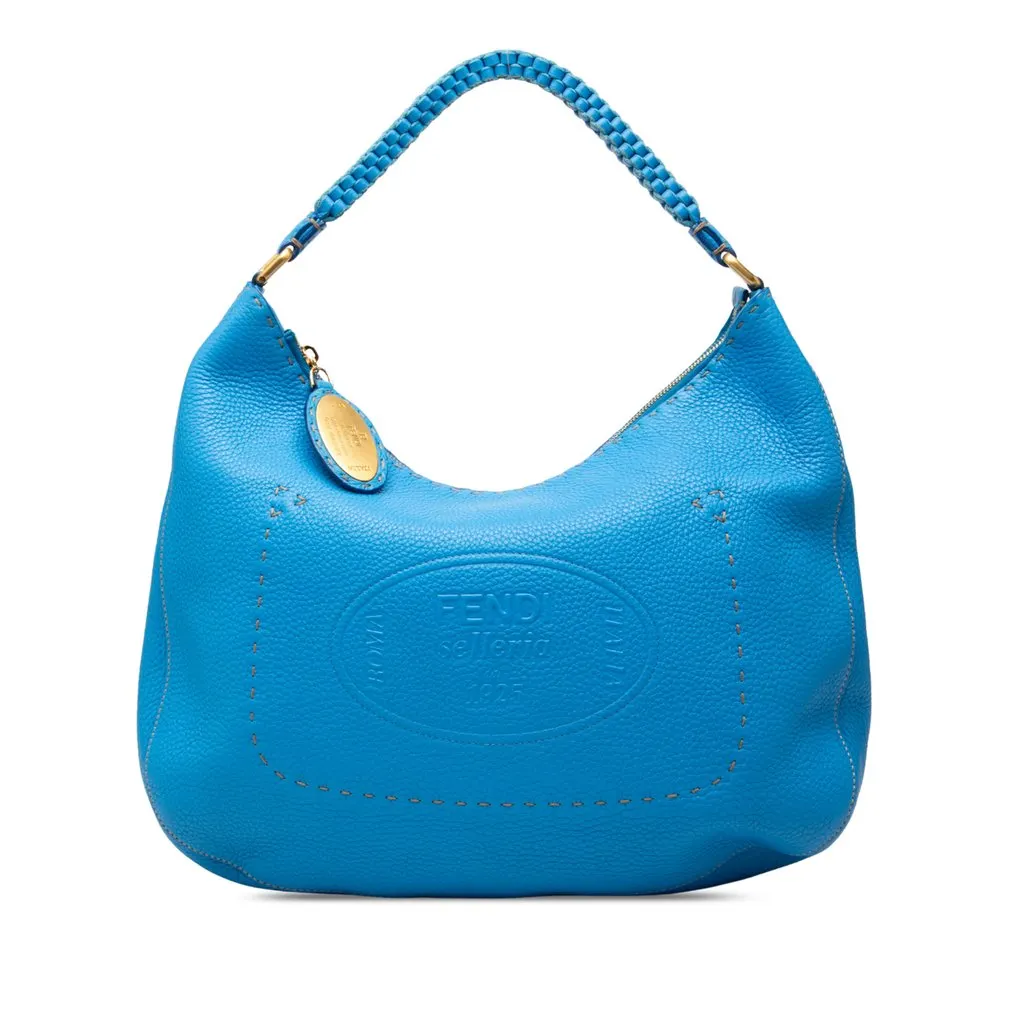 Fendi Pebbled Leather Selleria Shoulder Bag Blue Leather Very good - Front View