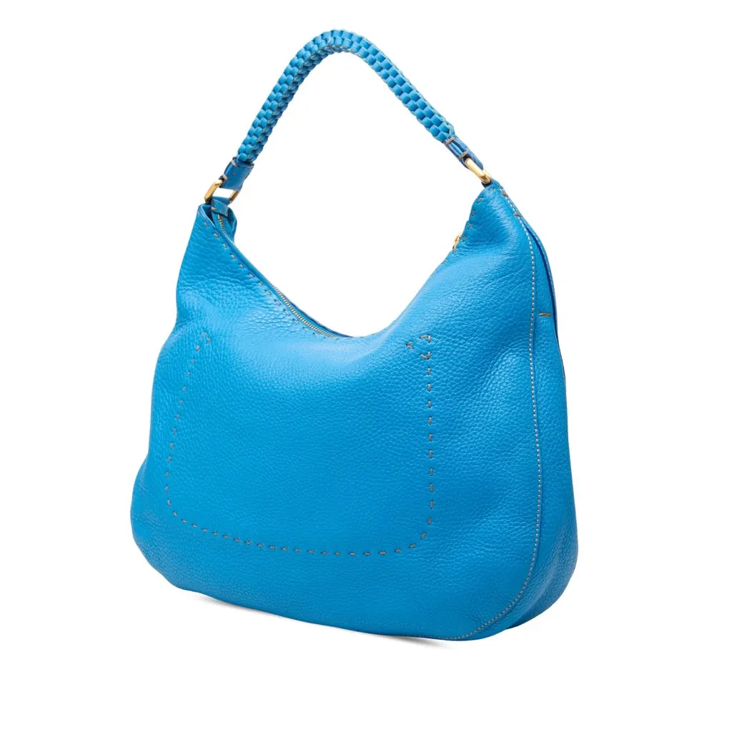 Fendi Pebbled Leather Selleria Shoulder Bag Blue Leather Very good - Back View