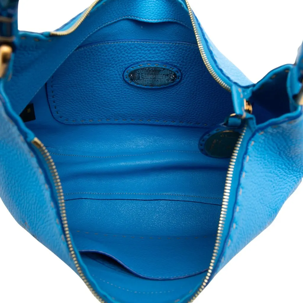 Fendi Pebbled Leather Selleria Shoulder Bag Blue Leather Very good - Model View