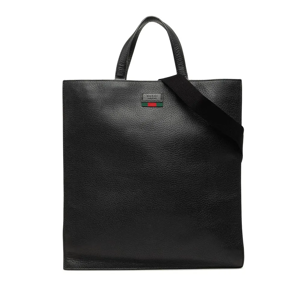 Gucci Grained Calfskin Web Vertical Tote Black Leather Good - Front View