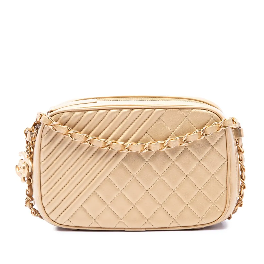 Chanel Small Quilted Lambskin Coco Boy Camera Bag Gold Leather Very good - Front View