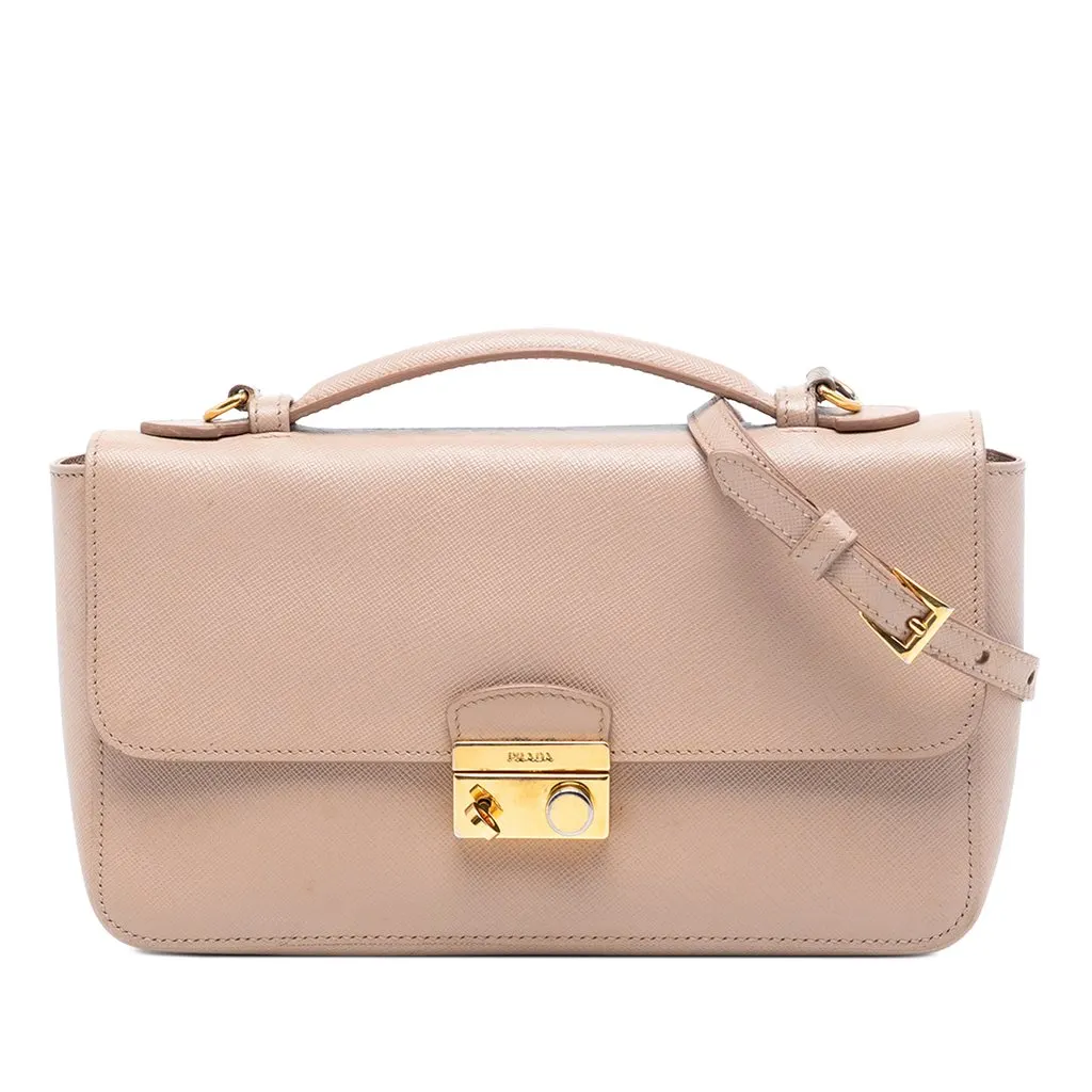 Prada Saffiano Sound Lock Satchel Brown Leather Very good - Front View