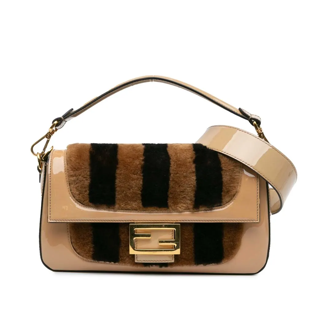 Fendi Shearling Pequin Baguette Satchel Beige Very good - Front View
