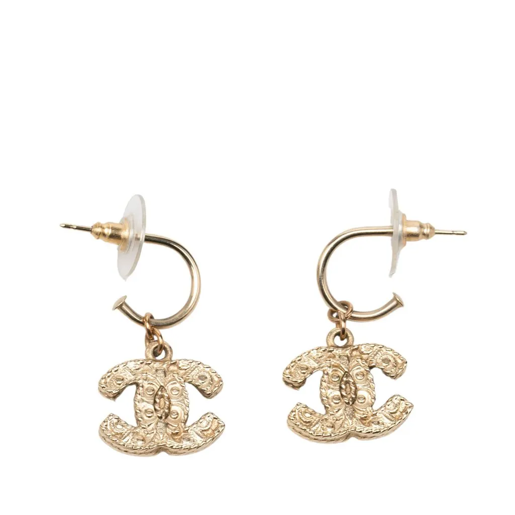 Chanel CC Gold Plated Textured Hoop Drop Earrings