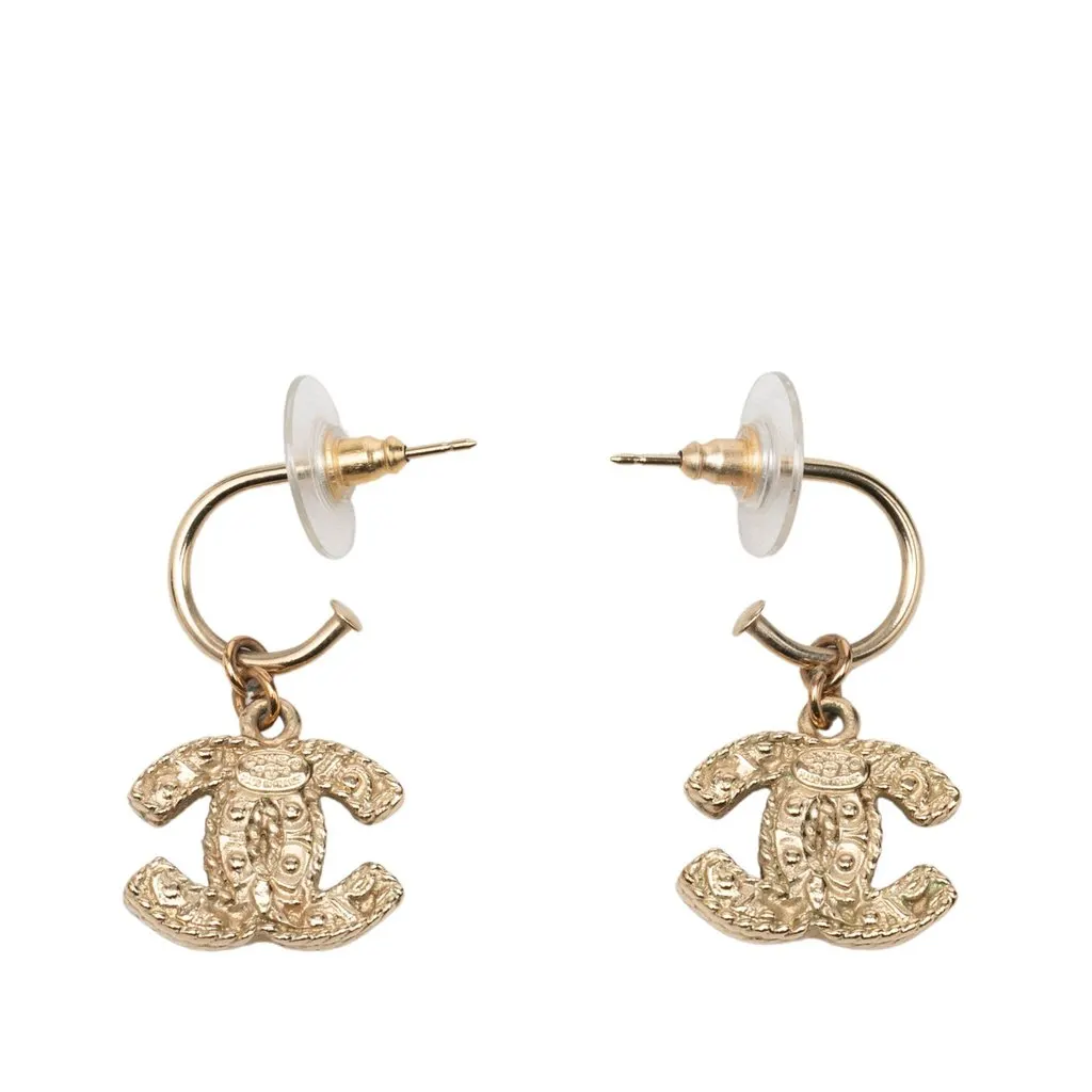 Chanel CC Gold Plated Textured Hoop Drop Earrings Gold Metal Very good - Back View