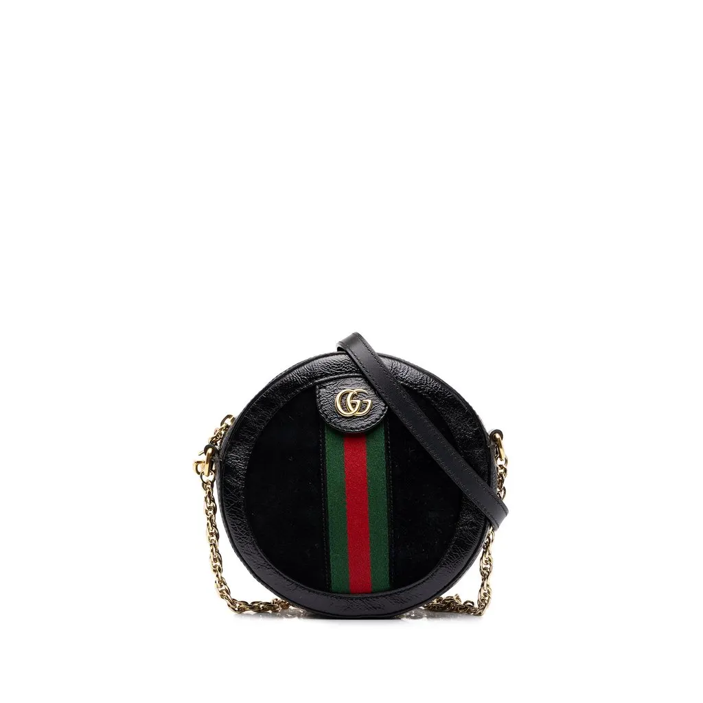 Gucci Mini Suede Web Ophidia Round Crossbody Black Suede Good - Front View