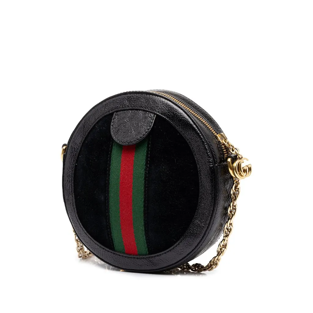 Gucci Mini Suede Web Ophidia Round Crossbody Black Suede Good - Back View