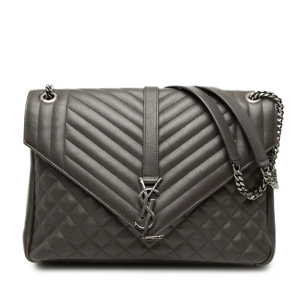 Saint Laurent Large Triquilt Sheepskin Monogram College Bag Brown Leather Very good - Front View