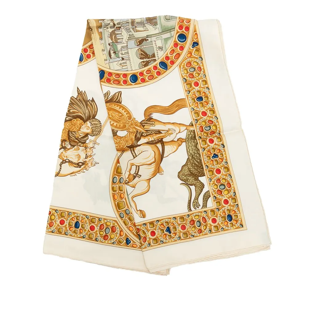 Hermès Le Triomphe du Paladin Silk Scarf White Silk Very good - Front View