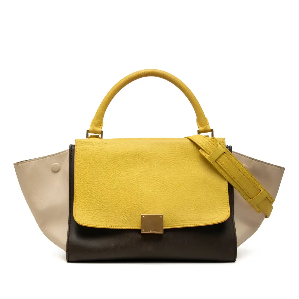 Celine Medium Tricolor Leather Trapeze Satchel Brown Leather Very good - Front View