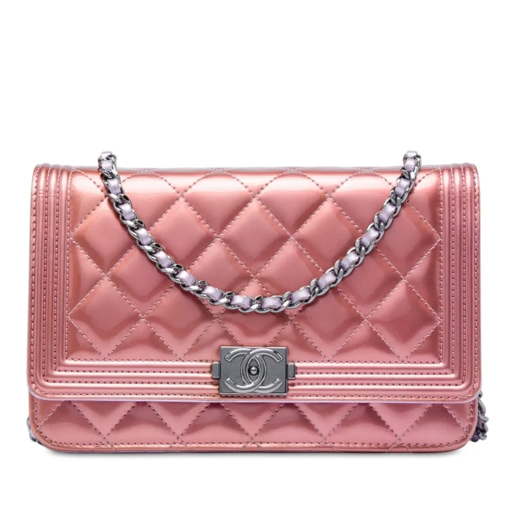 Chanel Bicolor Quilted Metallic Patent Boy Wallet on Chain Pink Leather Good - Front View