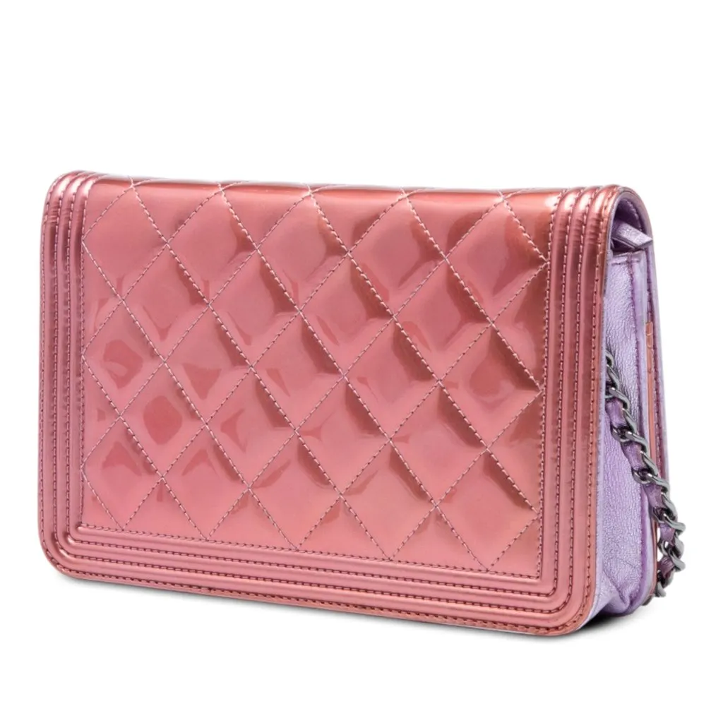 Chanel Bicolor Quilted Metallic Patent Boy Wallet on Chain Pink Leather Good - Back View