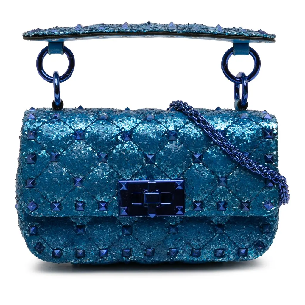 Valentino Mini Glitter Rockstud Spike Satchel Blue Very good - Front View