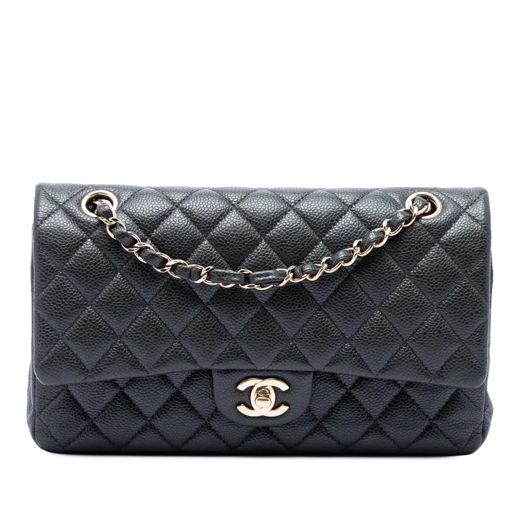 Chanel Medium Classic Caviar Double Flap Black Leather Very good - Front View