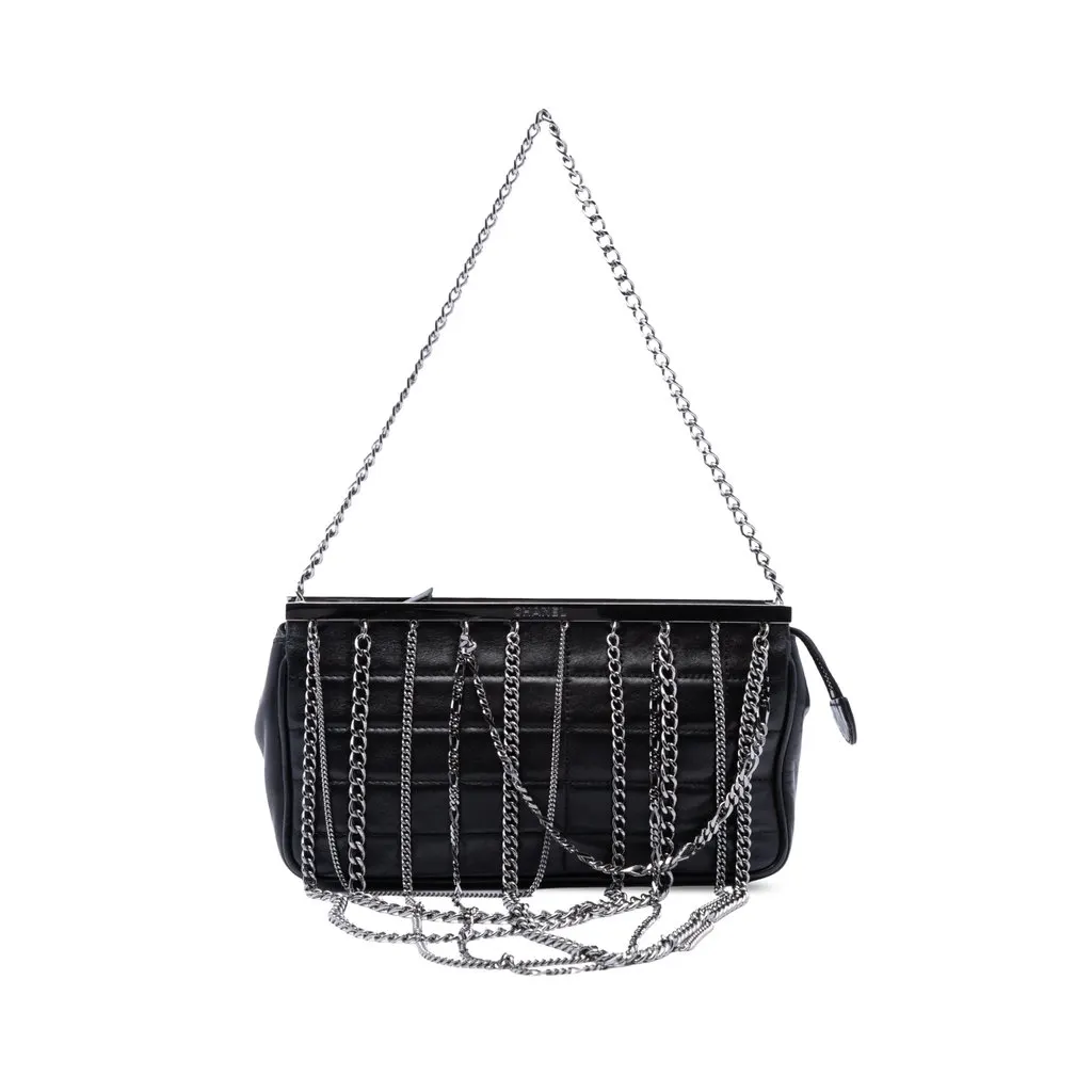 Chanel Chocolate Bar Lambskin Multi Chain Frame Clutch Black Leather Very good - Front View