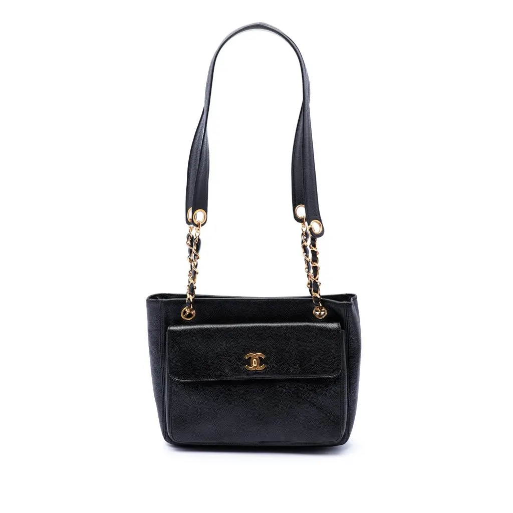 Chanel CC Caviar Front Pocket Shoulder Bag Black Leather Very good - Front View