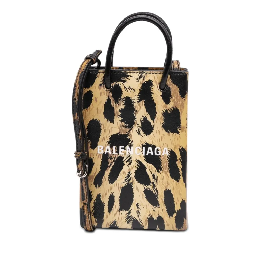 Balenciaga Mini Leopard Print Logo Shopping Phone Holder Brown Leather Very good - Front View