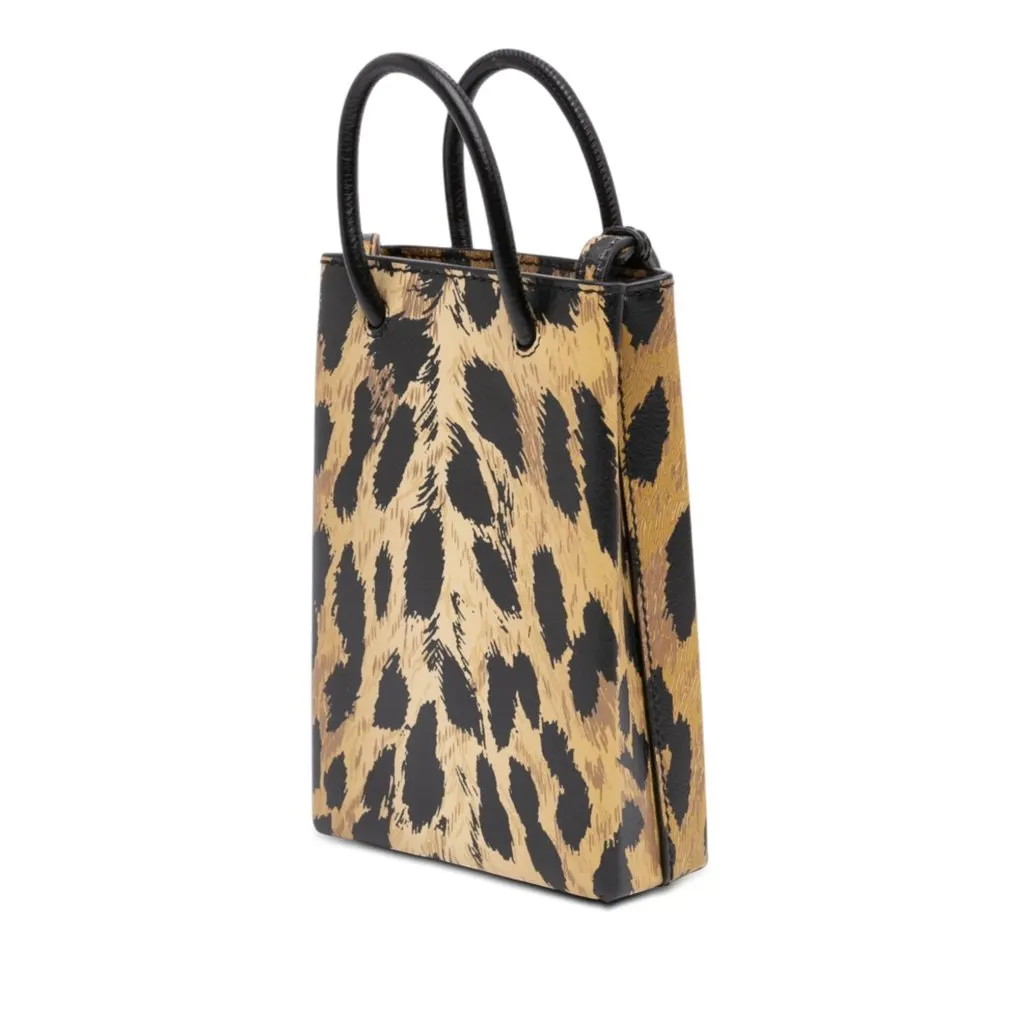 Balenciaga Mini Leopard Print Logo Shopping Phone Holder Brown Leather Very good - Back View