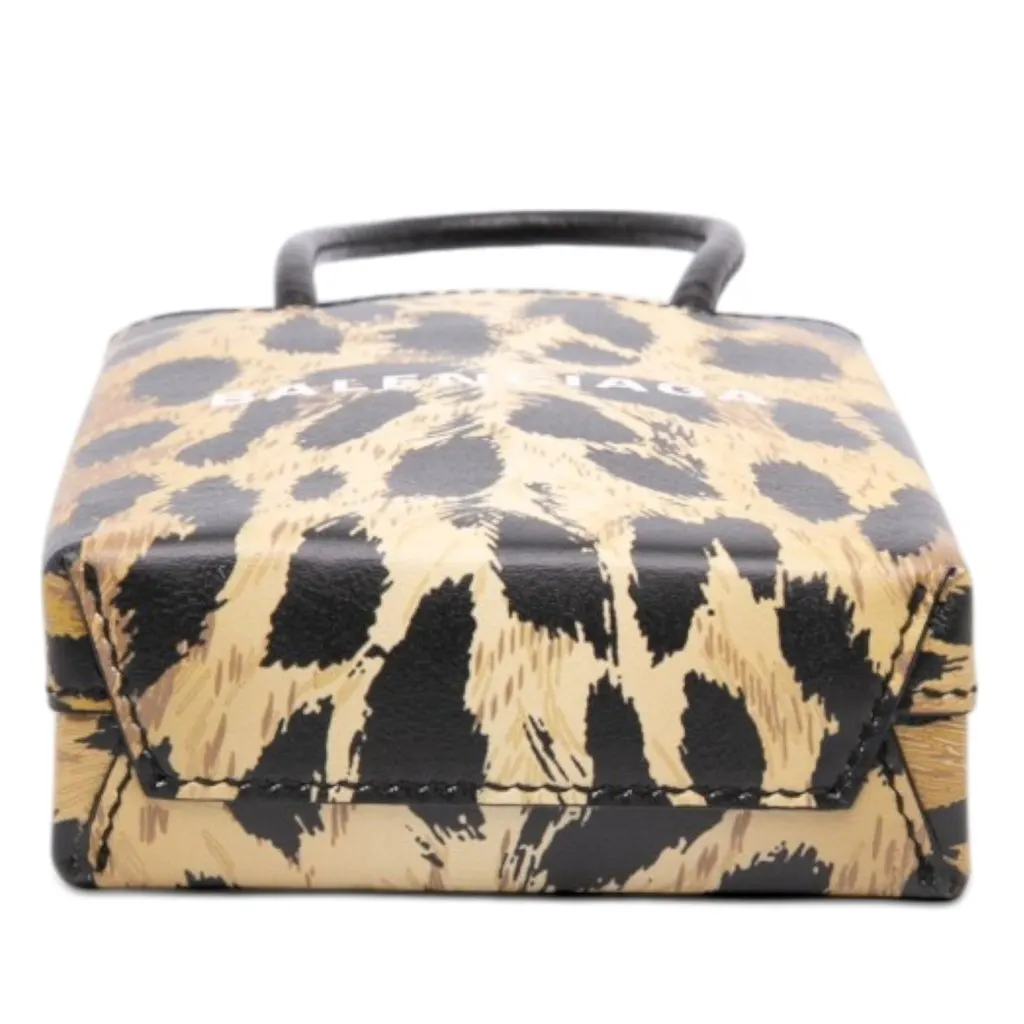 Balenciaga Mini Leopard Print Logo Shopping Phone Holder Brown Leather Very good - Inside View