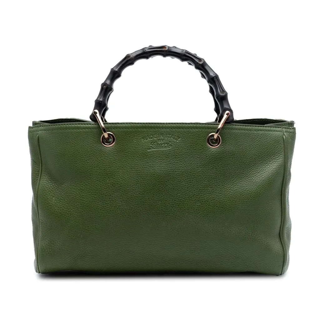 Gucci Medium Calfskin Bamboo Shopper Satchel Green Leather Very good - Front View