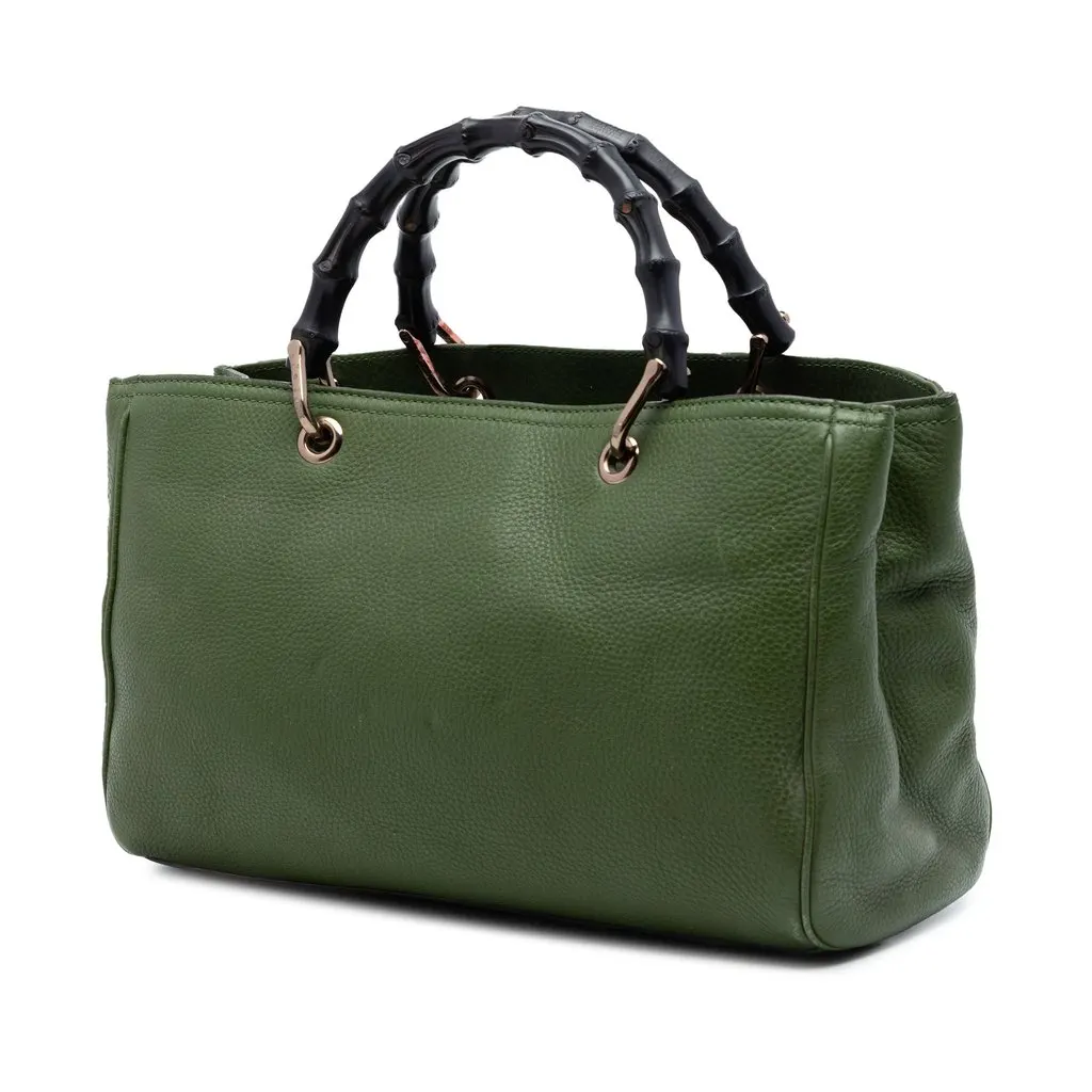 Gucci Medium Calfskin Bamboo Shopper Satchel Green Leather Very good - Back View
