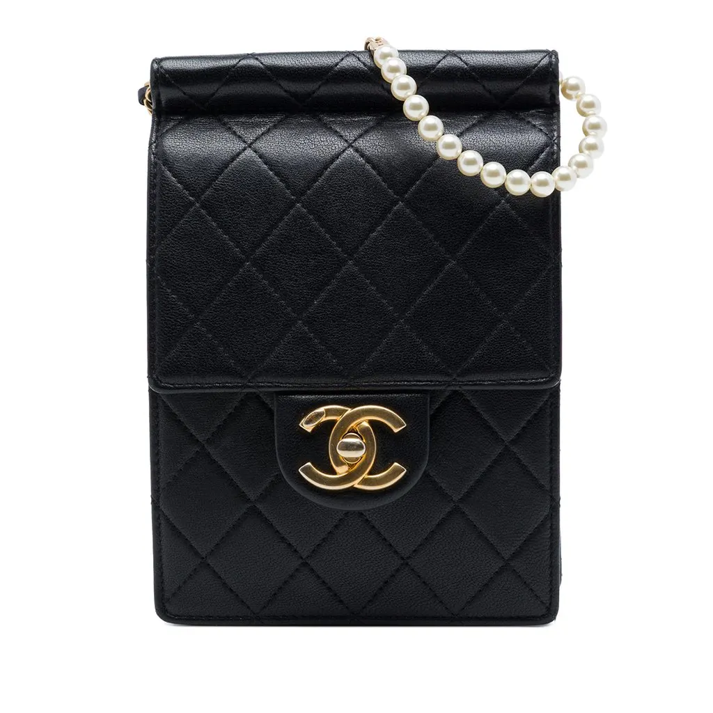 Chanel Quilted Lambskin Vertical Chic Pearls Flap Black Leather Very good - Front View